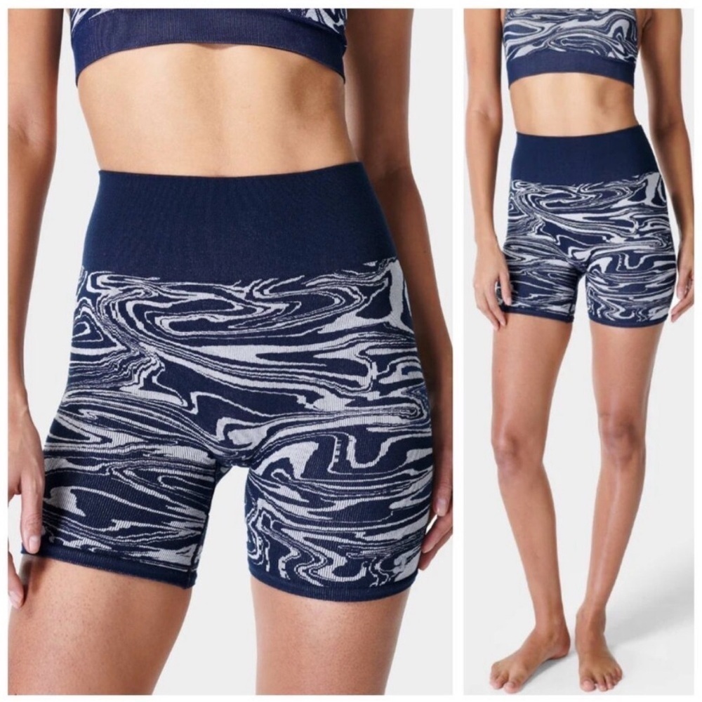 NWT Sweaty Betty Seamless Jacquard Marble Navy Blue Yoga Mid Rise Shorts
